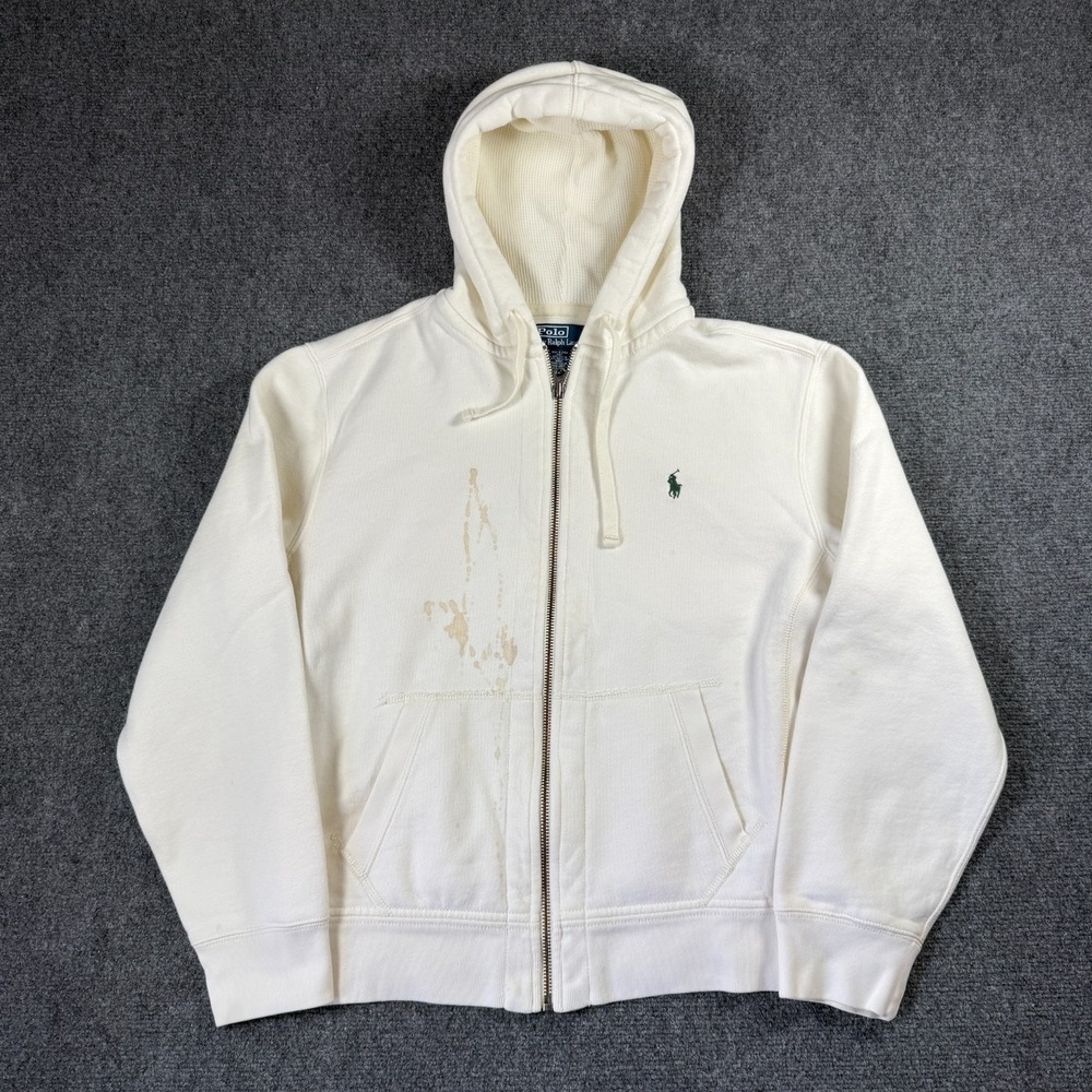 Polo Ralph Lauren Hoodie Large White Full Zip Fleece Kangaroo Green Pony